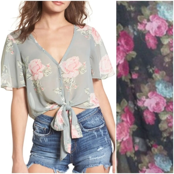 SOLD Kirra Sheer Tie Front Floral V Neck Button Front Short Flutter Sleeve Top - Picture 3 of 9